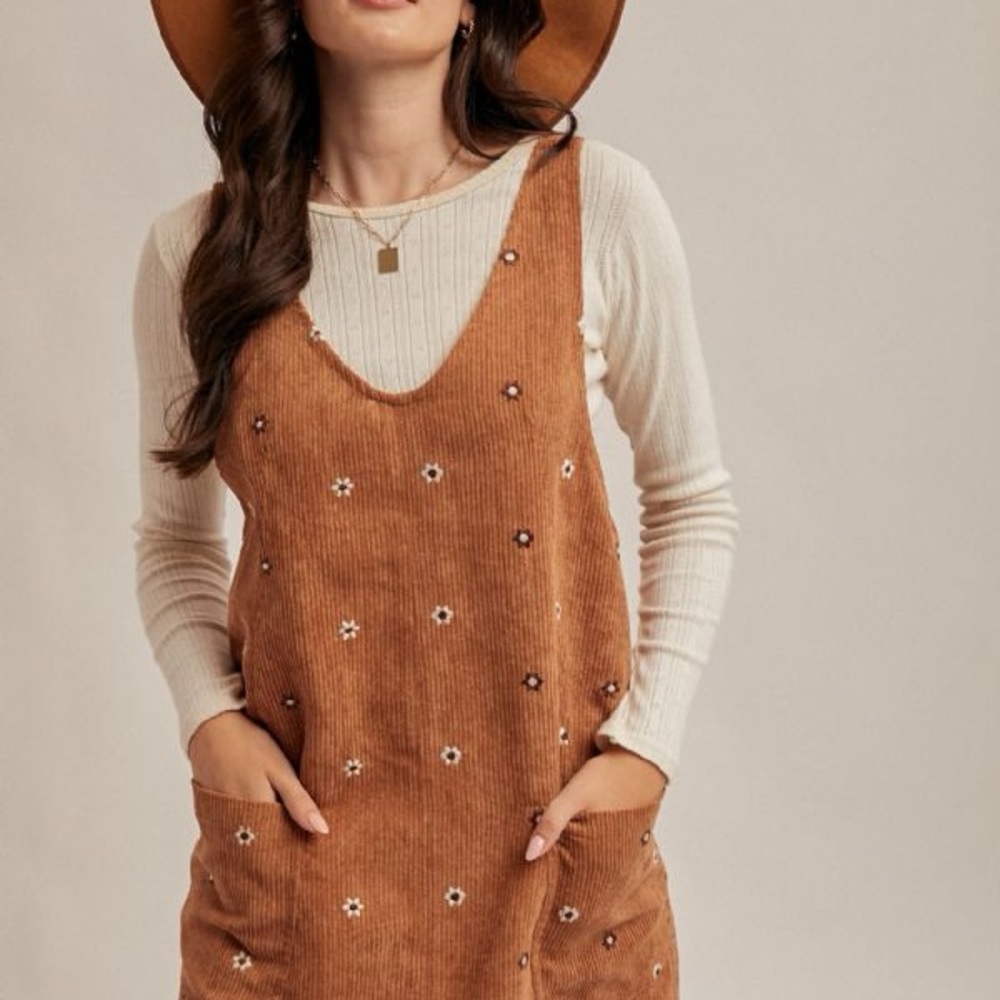 Hem & Thread Rust Corduroy Mini Dress with Daisy Embroidery